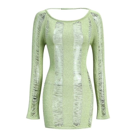 SOLD - NWT Commense Green Backless Distressed Ripped Long Sleeve Mini Dress - Picture 1 of 9